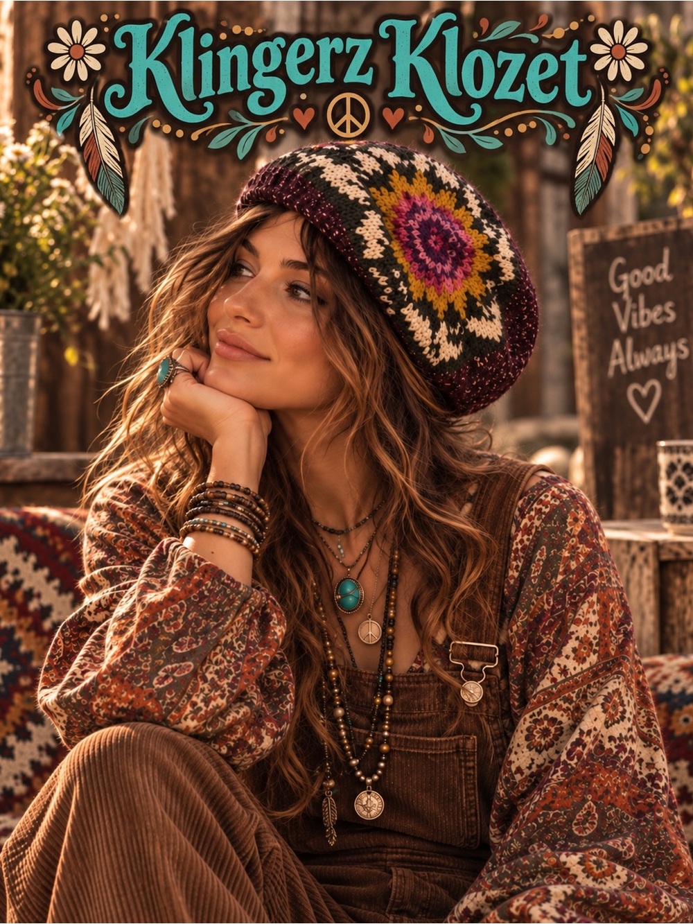 Boho Hippie Mandala Knit Beanie Hat Plum Mustard Cream Festival Grunge